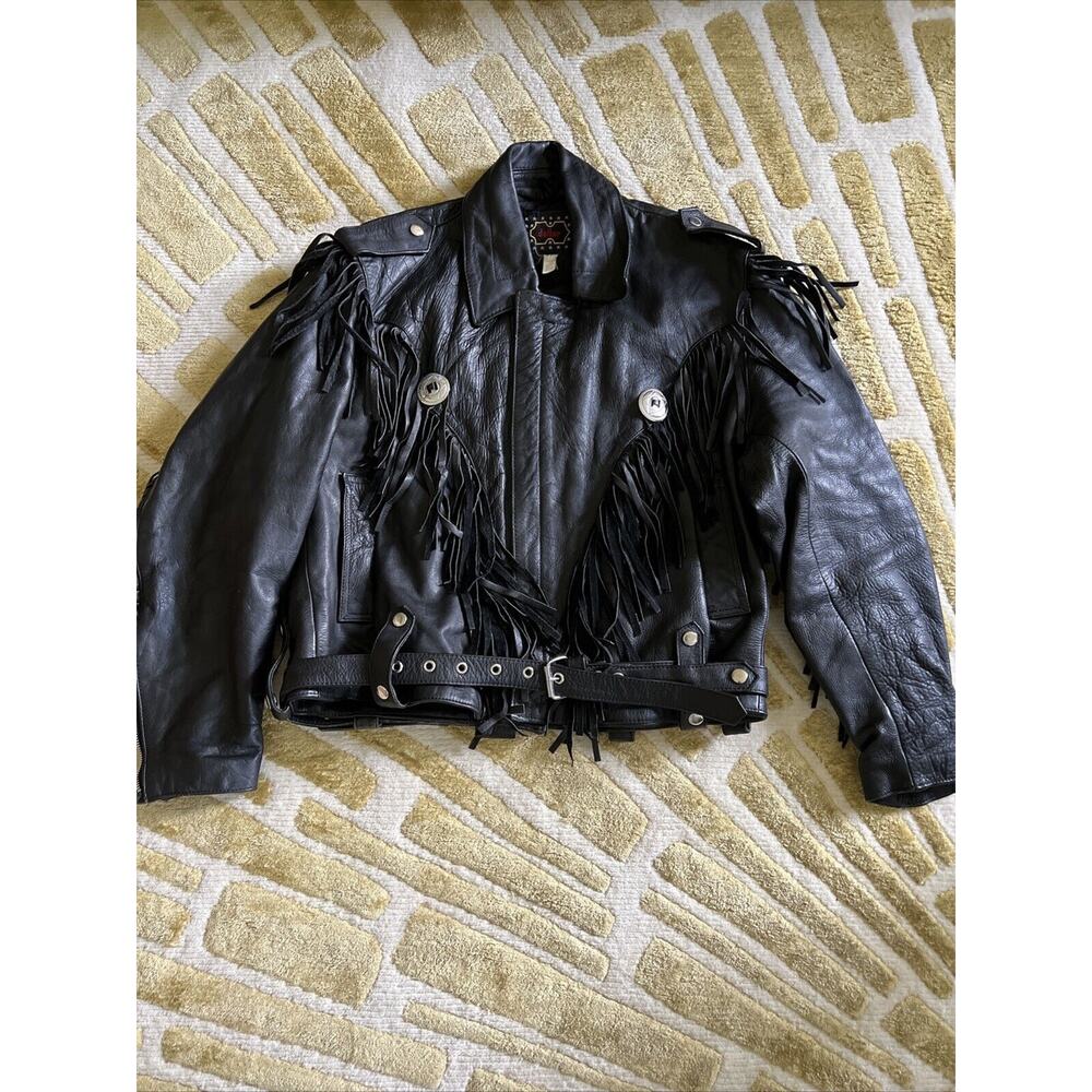 Vintage dollar Genuine Leather Biker Motorcycle Fringe Jacket Size 46 Mens